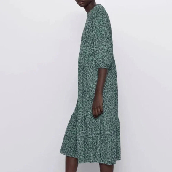Zara Tiered Floral Midi Dress Green Black Size Small - Picture 4 of 8